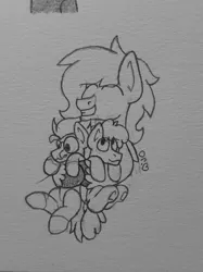 Size: 2048x2731 | Tagged: safe, artist:drheartdoodles, derpibooru import, oc, oc:dr.heart, oc:floofy, oc:vince, unofficial characters only, clydesdale, earth pony, pegasus, pony, hug, image, jpeg, size difference, smiling, traditional art