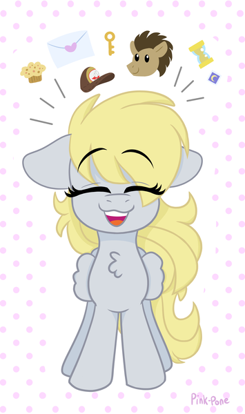 Size: 1927x3260 | Tagged: safe, artist:pink-pone, derpibooru import, derpy hooves, doctor whooves, time turner, chest fluff, cute, derpabetes, eyes closed, favorite things, food, happy, hat, image, key, mail, muffin, png, weapons-grade cute