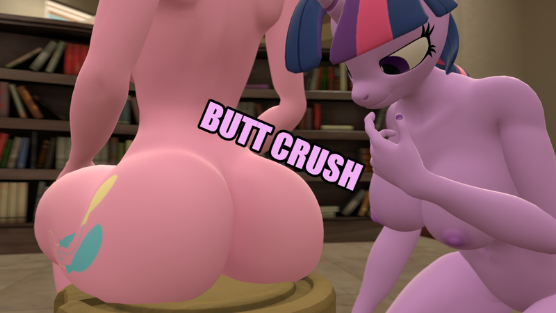 Size: 1280x720 | Tagged: questionable, artist:magnetvox, derpibooru import, pinkie pie, twilight sparkle, anthro, earth pony, unicorn, 3d, animated at source, ass, balloonbutt, book, bookshelf, breasts, busty twilight sparkle, butt, butt crush, chair, cutie mark, eyes on the prize, female, horn, image, implied trixie, large butt, micro, nipples, no tail, nudity, offscreen character, png, sitting, sitting on person, source filmmaker, text, unicorn twilight