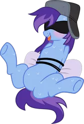 Size: 2700x4000 | Tagged: suggestive, artist:limedazzle, derpibooru import, oc, oc:cher nobyl, unofficial characters only, pony, unicorn, arm behind back, blindfold, blushing, bondage, hat, image, open mouth, pillow, png, rope, show accurate, show accurate porn, simple background, solo, spread legs, spreading, sweat, tongue out, transparent background, underhoof, ushanka