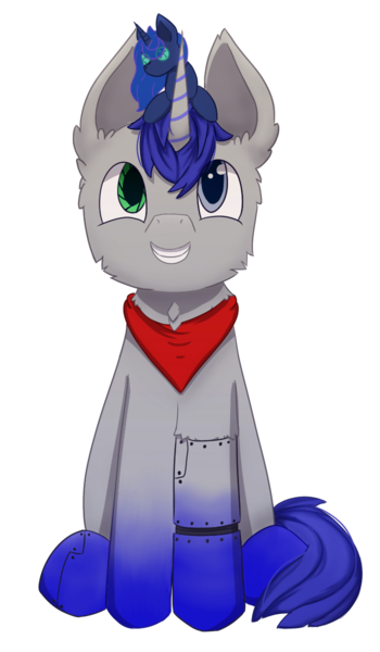 Size: 700x1200 | Tagged: safe, artist:backgroundpony#f352, derpibooru import, princess luna, oc, oc:astral blaze, unofficial characters only, cyborg, pony, unicorn, derpibooru community collaboration, 2021 community collab, clothes, fluffy, image, looking at you, luna plushie, plushie, png, robot eye, scarf, simple background, smiling, teeth, transparent background