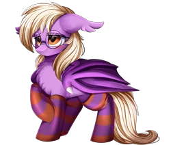 Size: 3480x2948 | Tagged: safe, artist:pridark, derpibooru import, oc, oc:pinkfull night, unofficial characters only, bat pony, pony, bat pony oc, bat wings, blushing, chest fluff, clothes, fangs, female, floppy ears, glasses, image, patreon, patreon reward, png, shy, simple background, socks, solo, striped socks, teenager, transparent background, wings