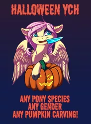 Size: 1498x2048 | Tagged: safe, artist:banoodle, derpibooru import, fluttershy, pegasus, pony, commission, halloween, holiday, image, jpeg, knife, mouth hold, nightmare night, open ych, pumpkin, solo, ych example, your character here