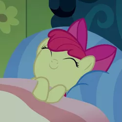 Size: 901x901 | Tagged: safe, derpibooru import, screencap, apple bloom, earth pony, pony, bloom and gloom, adorabloom, bed, cropped, cute, eyes closed, female, filly, image, mimir, png, sleeping, smiling, solo