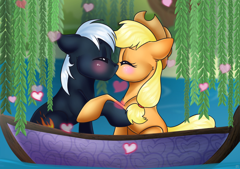 Size: 2150x1512 | Tagged: safe, artist:ali-selle, derpibooru import, applejack, oc, oc:dragon, earth pony, pony, blushing, boat, canon x oc, dragojack, female, hearts and hooves day, image, jpeg, kissing, male, shipping, straight, water