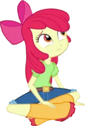 Size: 1087x1600 | Tagged: safe, derpibooru import, edit, edited screencap, screencap, apple bloom, human, equestria girls, rainbow rocks, apple bloom's bow, background removed, belt, boots, bow, clothes, cropped, hair bow, image, jeans, looking up, not a vector, pants, png, rain boots, shirt, shoes, sitting, solo