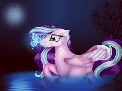 Size: 1080x810 | Tagged: safe, artist:rxndxm.artist, derpibooru import, oc, unofficial characters only, butterfly, insect, pegasus, pony, eyelashes, full moon, image, jpeg, moon, outdoors, pegasus oc, tree, unshorn fetlocks, wings