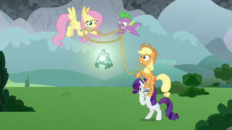 Size: 1920x1080 | Tagged: safe, derpibooru import, screencap, applejack, fluttershy, rarity, spike, dragon, earth pony, pegasus, pony, unicorn, the ending of the end, bell, bipedal, female, grogar's bell, holding a pony, image, lasso, male, mare, png, rope, winged spike