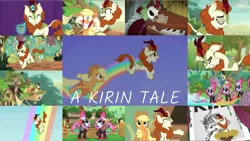 Size: 1966x1108 | Tagged: safe, derpibooru import, edit, edited screencap, editor:quoterific, screencap, applejack, autumn afternoon, autumn blaze, cinder glow, rain shine, spring glow, summer flare, winter flame, earth pony, kirin, nirik, pony, sounds of silence, applejack's hat, cowboy hat, duo, duo female, eyes closed, female, floppy ears, gritted teeth, hat, image, musical instrument, open mouth, organ, phantom of the opera, png, rainbow, running, sad, stream of silence, teeth