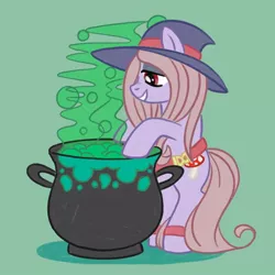 Size: 1080x1080 | Tagged: safe, artist:mediocremare, derpibooru import, ponified, earth pony, pony, bipedal, cauldron, female, green background, grin, hat, image, jpeg, little witch academia, mare, simple background, smiling, solo, sucy manbavaran, witch, witch hat