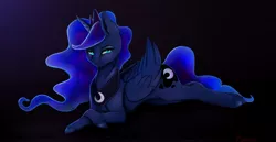 Size: 3603x1863 | Tagged: safe, artist:miokomata, derpibooru import, princess luna, alicorn, pony, crossed hooves, female, freckles, image, jpeg, lying down, mare, prone, solo