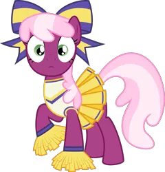 Size: 2879x3000 | Tagged: safe, artist:disty dusk, derpibooru import, cheerilee, earth pony, pony, the cart before the ponies, bow, cheerileeder, cheerleader, cheerleader outfit, clothes, female, hair bow, image, looking at you, mare, png, pom pom, simple background, solo, transparent background, vector