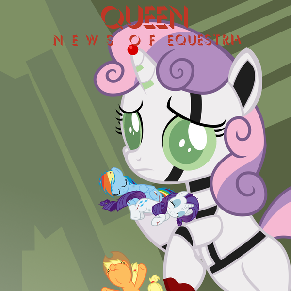 Size: 2000x2000 | Tagged: semi-grimdark, artist:grapefruitface1, artist:slb94, derpibooru import, applejack, rainbow dash, rarity, sweetie belle, ponified, pony, robot, robot pony, blood, falling, holding, holding a pony, image, looking at you, lying down, png, ponified album cover, queen (band), sad, scratches, sweetie bot