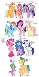 Size: 4496x8821 | Tagged: safe, artist:chub-wub, derpibooru import, applejack, fluttershy, hitch trailblazer, izzy moonbow, pinkie pie, pipp petals, rainbow dash, rarity, spike, sunny starscout, twilight sparkle, twilight sparkle (alicorn), alicorn, dragon, earth pony, pegasus, pony, unicorn, spoiler:g5, absurd resolution, applejack's hat, book, cowboy hat, cute, dialogue, female, floppy ears, g4 to g5, g5, hat, image, jpeg, looking at each other, magic, male, mane seven, mane six, mare, one eye closed, open mouth, raised hoof, simple background, stallion, sweat, tail, telekinesis, unshorn fetlocks, white background, winged spike, wings, wink
