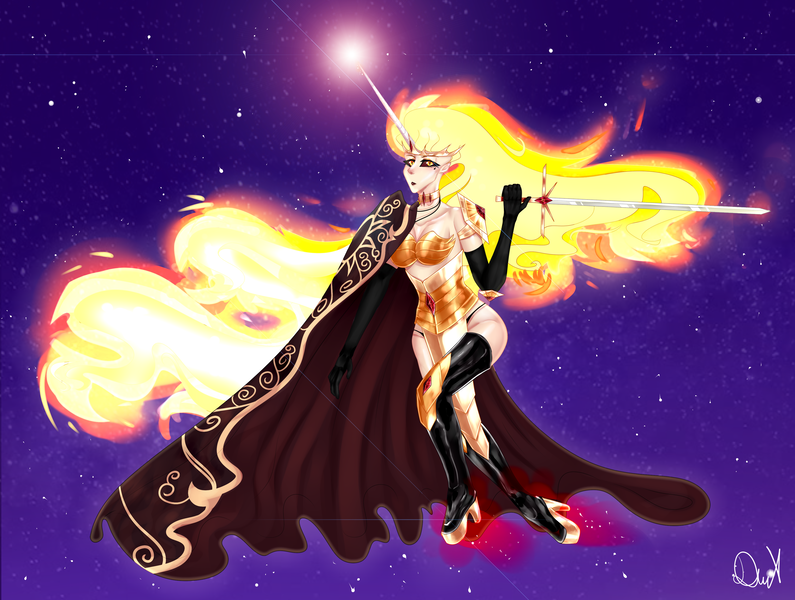 Size: 3547x2676 | Tagged: safe, artist:magnetjasdraw329, derpibooru import, daybreaker, human, alicorn humanization, armor, boots, cape, choker, clothes, evening gloves, female, gloves, glowing horn, high heel boots, horn, horned humanization, humanized, image, jewelry, lipstick, long gloves, night, open mouth, png, regalia, shoes, sky, solo, stars, sword, unconvincing armor, weapon, winged humanization, wings