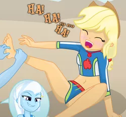 Size: 1956x1810 | Tagged: suggestive, artist:grapefruitface1, derpibooru import, applejack, trixie, equestria girls, equestria girls series, forgotten friendship, belly button, breasts, clothes, eyes closed, feet, fetish, foot fetish, image, laughing, midriff, offscreen character, open mouth, png, prank, sand, speech bubble, swimsuit, tickling