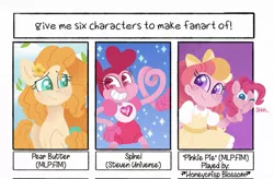 Size: 1079x706 | Tagged: safe, artist:carouselunique, derpibooru import, pear butter, pinkie pie, oc, oc:honeycrisp blossom, earth pony, pony, six fanarts, equestria girls, bow, crossover, female, grin, hair bow, hand puppet, image, jpeg, mare, offspring, one eye closed, parent:big macintosh, parent:princess cadance, parents:cadmac, shhh, smiling, spinel (steven universe), steven universe, wink