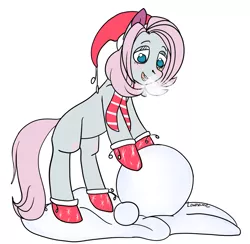 Size: 1313x1279 | Tagged: safe, artist:lowname, derpibooru import, oc, unofficial characters only, earth pony, pony, blushing, christmas, clothes, commission, earth pony oc, gloves, hat, holiday, image, png, santa hat, scarf, signature, smiling, snow, snowball, solo, traditional art, ych result