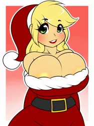 Size: 1500x2000 | Tagged: suggestive, artist:kloudmutt, derpibooru import, applejack, human, equestria girls, anime, areola, areola slip, beautiful, big breasts, breasts, busty applejack, christmas, cleavage, clothes, costume, cute, dress, eye clipping through hair, female, freckles, gradient background, hat, holiday, huge breasts, humanized, image, jpeg, lipstick, moe, red lipstick, santa costume, santa hat, simple background, skirt, solo, solo female