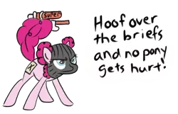 Size: 548x353 | Tagged: safe, artist:anonsocks, derpibooru import, pinkie pie, earth pony, pony, covered cutie mark, dialogue, empty threat, female, image, mare, mask, paper-thin disguise, png, robbery, watergun