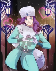Size: 1223x1560 | Tagged: safe, artist:traupa, derpibooru import, rarity, human, christmas, city, clothes, gloves, heart hands, holiday, humanized, image, jpeg, lamp post, merry christmas, pants, rarity's winter hat, signature, smiling, winter outfit