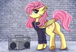 Size: 3800x2600 | Tagged: safe, artist:lakunae, derpibooru import, fluttershy, bat pony, pegasus, pony, bat ponified, boombox, butt, cassette player, clothes, cute, cute little fangs, fangs, female, flutterbat, image, jacket, looking at you, mare, plot, png, punk, race swap, shyabetes, solo