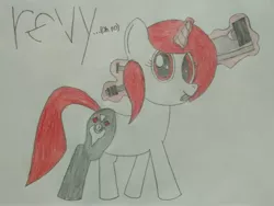 Size: 4160x3120 | Tagged: safe, artist:theunidentifiedchangeling, derpibooru import, oc, oc:revy(theunidentifiedchangeling), unofficial characters only, pony, unicorn, cutie mark, eye lashes, female, gun, happy, high res, image, jpeg, levitation, looking at you, magic, magic aura, name, rifle, simple background, sniper rifle, solo, telekinesis, this will not end well, tongue out, traditional art, walking, weapon, white background