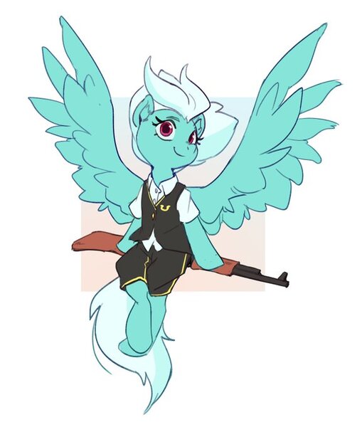Size: 577x680 | Tagged: safe, artist:luciferamon, derpibooru import, fleetfoot, pegasus, pony, clothes, ear fluff, female, gun, image, jpeg, mare, pants, rifle, sitting, solo, spread wings, weapon, wings