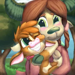 Size: 1584x1584 | Tagged: safe, artist:firefanatic, derpibooru import, arizona cow, yona, cow, yak, them's fightin' herds, calf, carrying, community related, cute, digital painting, fluffy, grass, hug, image, monkey swings, png, smiling, tree