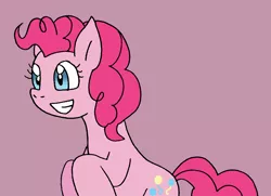 Size: 982x711 | Tagged: safe, artist:cmara, derpibooru import, pinkie pie, earth pony, pony, bipedal, female, grin, image, mare, pink background, png, raised hoof, simple background, smiling, solo