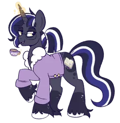 Size: 658x676 | Tagged: safe, artist:lulubell, derpibooru import, oc, oc:somni, unofficial characters only, pony, unicorn, clothes, coffee, image, lidded eyes, magical lesbian spawn, offspring, parent:princess luna, parent:twilight sparkle, parents:twiluna, png, raised hoof, robe, smiling, solo