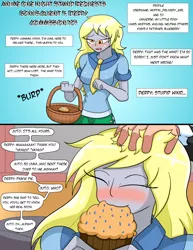 Size: 1275x1650 | Tagged: safe, artist:dywtba-alt-universe, derpibooru import, derpy hooves, equestria girls, :3, basket, blushing, breasts, busty derpy hooves, comic, delivery, eating, eyes closed, food, hand on head, happy, i just don't know what went wrong, image, implied pinkie pie, jpeg, muffin, offscreen character