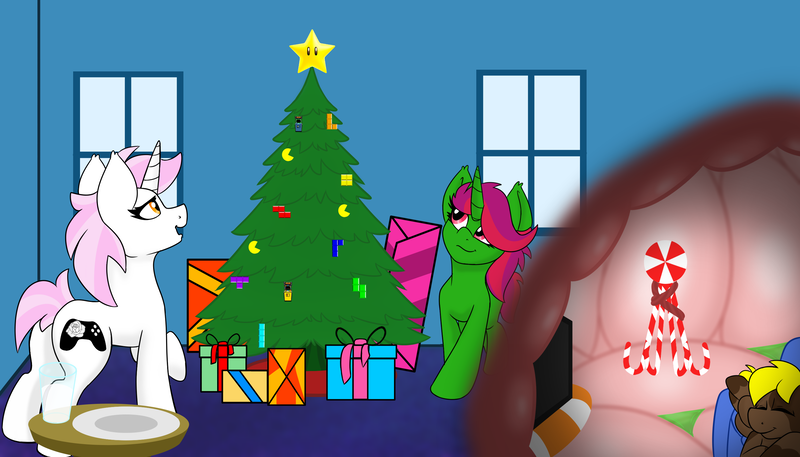 Size: 2800x1600 | Tagged: questionable, artist:noblebrony317, derpibooru import, oc, oc:dee pad, oc:dusk shard, oc:ivory rose, arcade cabinet, candy, candy cane, christmas, christmas presents, christmas tree, endosoma, food, holiday, image, invincibility star, milk, non-fatal vore, pac-man, peppermint, png, stomach, stomach acid, stomach walls, super star, television, tetris, tree, vore