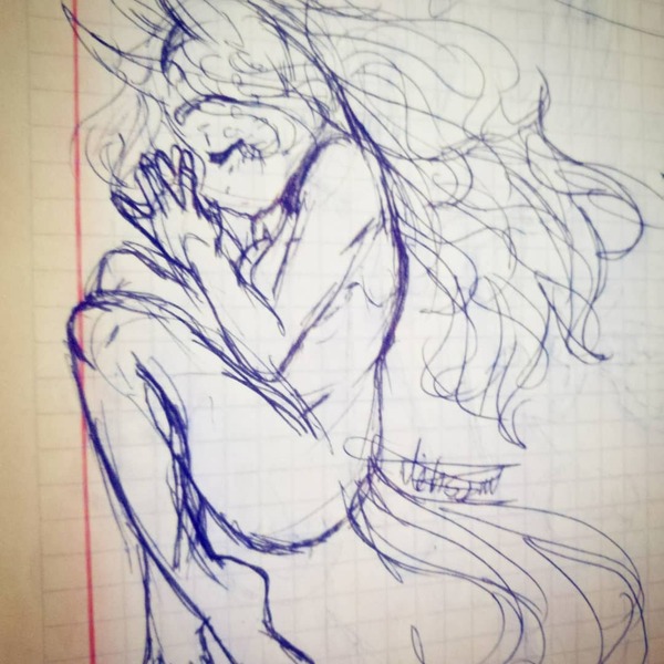 Size: 1080x1080 | Tagged: safe, artist:beyond_inside, derpibooru import, oc, oc:snow t. chaos, unofficial characters only, anthro, unicorn, eyes closed, horn, image, jpeg, lineart, nudity, signature, sleeping, solo, traditional art, unicorn oc