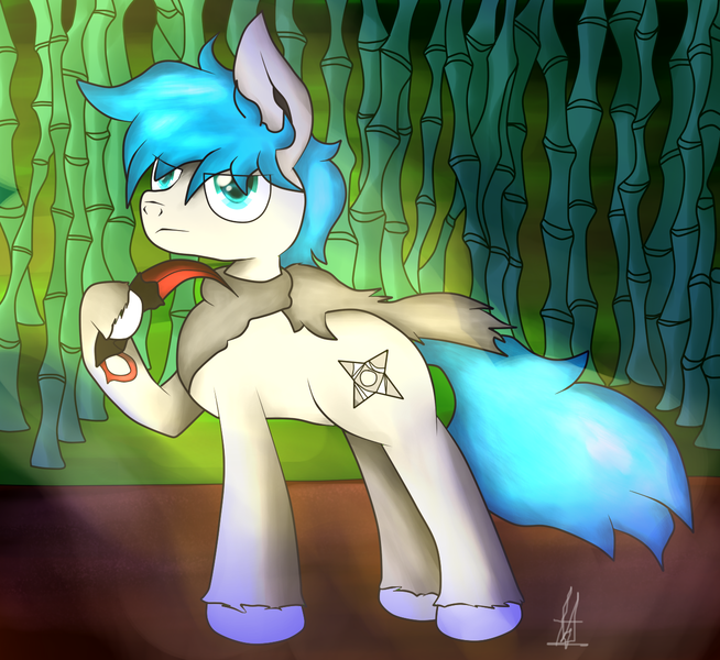 Size: 1270x1165 | Tagged: safe, artist:almaustral, derpibooru import, oc, unofficial characters only, earth pony, pony, bamboo, clothes, earth pony oc, hoof hold, image, machete, outdoors, png, scarf, signature, smiling, solo, traditional art, unshorn fetlocks