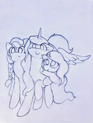 Size: 3024x4032 | Tagged: safe, artist:papersurgery, derpibooru import, izzy moonbow, pipp petals, sunny starscout, earth pony, pegasus, pony, unicorn, braid, female, g5, high res, image, jpeg, looking at you, mare, smiling, traditional art, trio, wings