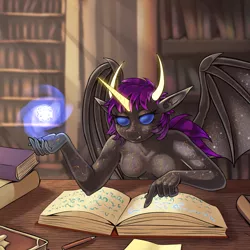 Size: 2000x2000 | Tagged: safe, alternate version, artist:pony straponi, derpibooru import, oc, oc:ryonia coruscare, anthro, goo, goo pony, original species, plantigrade anthro, bat wings, book, bookshelf, commission, elf ears, fangs, focused, horns, image, library, magic, male, membranous wings, pencil, pink hair, png, ponytail, reading, scowl, sunlight, table, translucent, wings