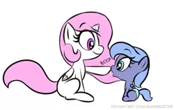 Size: 446x283 | Tagged: safe, artist:banebuster, derpibooru import, princess celestia, princess luna, alicorn, pony, series:tiny tia, baby, baby pony, boop, cewestia, cute, cutelestia, duo, female, filly, image, jpeg, lunabetes, pegasus luna, pink-mane celestia, profile, royal sisters, siblings, simple background, sisters, white background, woona, younger
