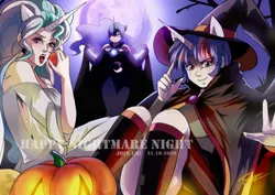 Size: 2456x1736 | Tagged: safe, artist:traupa, derpibooru import, nightmare moon, princess celestia, twilight sparkle, human, vampire, apple, clothes, costume, eared humanization, food, full moon, halloween, halloween costume, hat, holiday, horn, horned humanization, humanized, image, jpeg, moon, open mouth, witch, witch hat