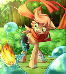 Size: 3406x3800 | Tagged: safe, artist:aquoquoo, derpibooru import, oc, oc:himmel, pony, bandage, clothes, colt, fight, forest, gloves, image, male, open mouth, png, scarf, slime, tree, yo-yo