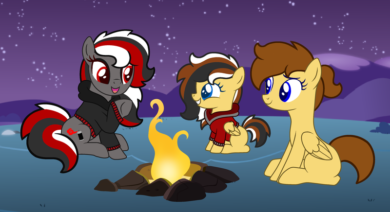 Size: 3673x2001 | Tagged: safe, artist:hannah rainboom, derpibooru import, oc, oc:scarlet spray, oc:soaring heart, earth pony, pegasus, pony, campfire, female, filly, image, magical lesbian spawn, offspring, parent:scarlet spray, parent:soaring heart, png