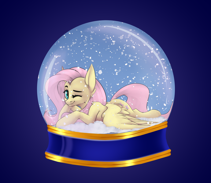 Size: 3825x3325 | Tagged: safe, artist:teelastrie, derpibooru import, fluttershy, pegasus, pony, commission, cute, female, gradient background, high res, image, looking at you, lying down, mare, one eye closed, png, prone, shyabetes, simple background, smiling, snow, snow globe, solo, spread wings, three quarter view, wings, wink, winking at you, ych result