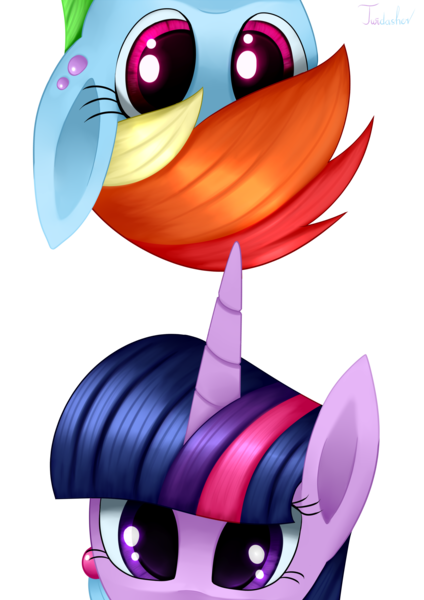 Size: 2480x3507 | Tagged: safe, artist:twidasher, derpibooru import, rainbow dash, twilight sparkle, pegasus, pony, curious, duo, ear piercing, feather, female, image, lesbian, looking at you, piercing, png, shipping, signature, simple background, transparent background, twidash, upside down