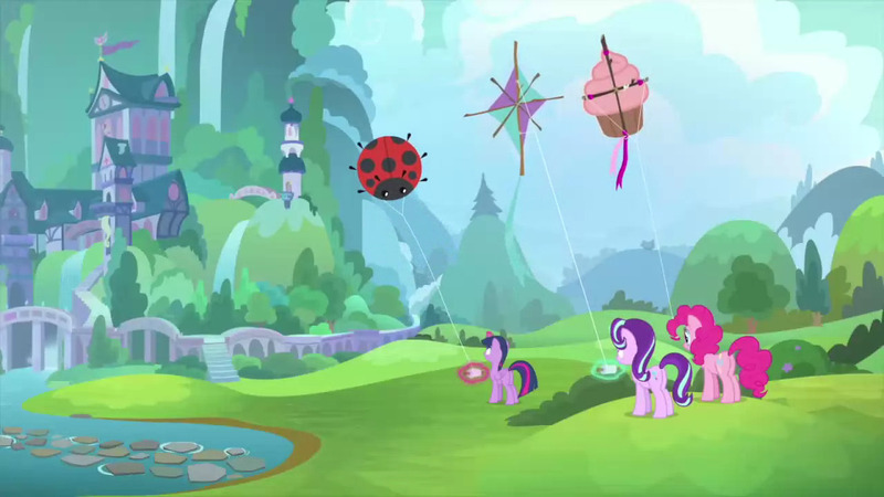 Size: 1280x720 | Tagged: source needed, safe, derpibooru import, screencap, pinkie pie, starlight glimmer, twilight sparkle, twilight sparkle (alicorn), alicorn, earth pony, insect, ladybug, pony, unicorn, starlight the hypnotist, spoiler:interseason shorts, cupcake, food, image, jpeg, kite, kite flying, levitation, magic, school of friendship, telekinesis