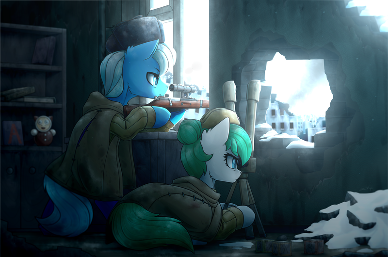 Size: 4000x2651 | Tagged: safe, artist:dipfanken, derpibooru import, oc, oc:bluebreeze, oc:zephyr, unofficial characters only, pony, city, cityscape, commission, image, mosin nagant, png, snow, soviet pony, soviet union, world war ii