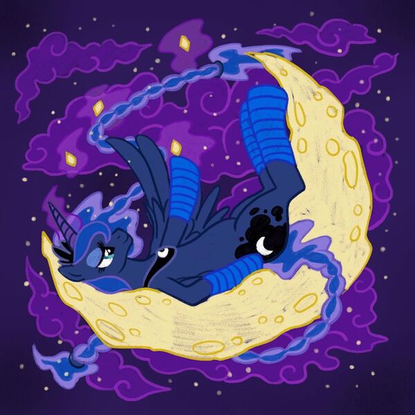 Size: 1080x1080 | Tagged: safe, artist:mediocremare, derpibooru import, princess luna, alicorn, pony, bedroom eyes, clothes, crescent moon, eyelashes, female, glowing horn, horn, image, jewelry, jpeg, lying down, mare, moon, night, on back, outdoors, peytral, socks, solo, stars, striped socks, tangible heavenly object, tiara, transparent moon, wings