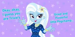 Size: 2200x1100 | Tagged: safe, artist:rileyav, derpibooru import, trixie, equestria girls, alternate outfits, bracelet, cute, diatrixes, female, image, jewelry, jpeg, meme, my little pogchamp, necklace, pogchamp, ring, solo, text