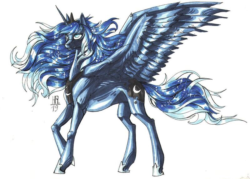 Size: 1024x733 | Tagged: safe, artist:just-rat, derpibooru import, princess luna, alicorn, pony, female, image, jpeg, mare, signature, simple background, solo, spread wings, traditional art, white background, wind, windswept mane, wings