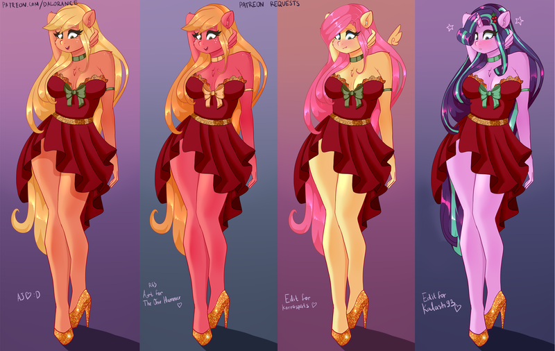 Size: 3708x2346 | Tagged: safe, artist:xjenn9, derpibooru import, applejack, big macintosh, fluttershy, starlight glimmer, anthro, clothes, dress, female, image, macareina, png, rule 63