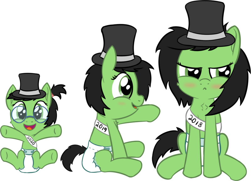 Size: 2314x1668 | Tagged: safe, artist:craftycirclepony, derpibooru import, oc, oc:anonfilly, unofficial characters only, pony, 2018, 2019, 2020, baby, baby new year, blushing, chest fluff, cute, diaper, ear fluff, embarrassed, female, filly, frown, glasses, hair tie, happy, hat, image, laughing, lidded eyes, looking at you, looking away, new year, non-baby in diaper, open mouth, png, pointing, raised leg, sash, simple background, smiling, spread legs, spreading, top hat, transparent background, trio, underhoof